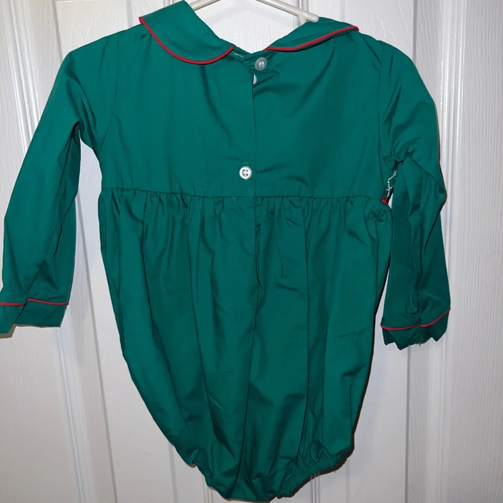 Green Smocked Long-Sleeve Holiday One-Piece for Kids